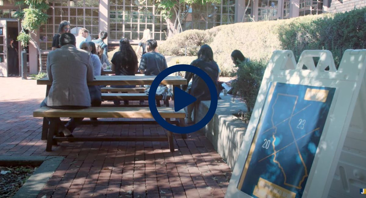 Berkeley Journalism courtyard. 2023 CNLF Orientation video