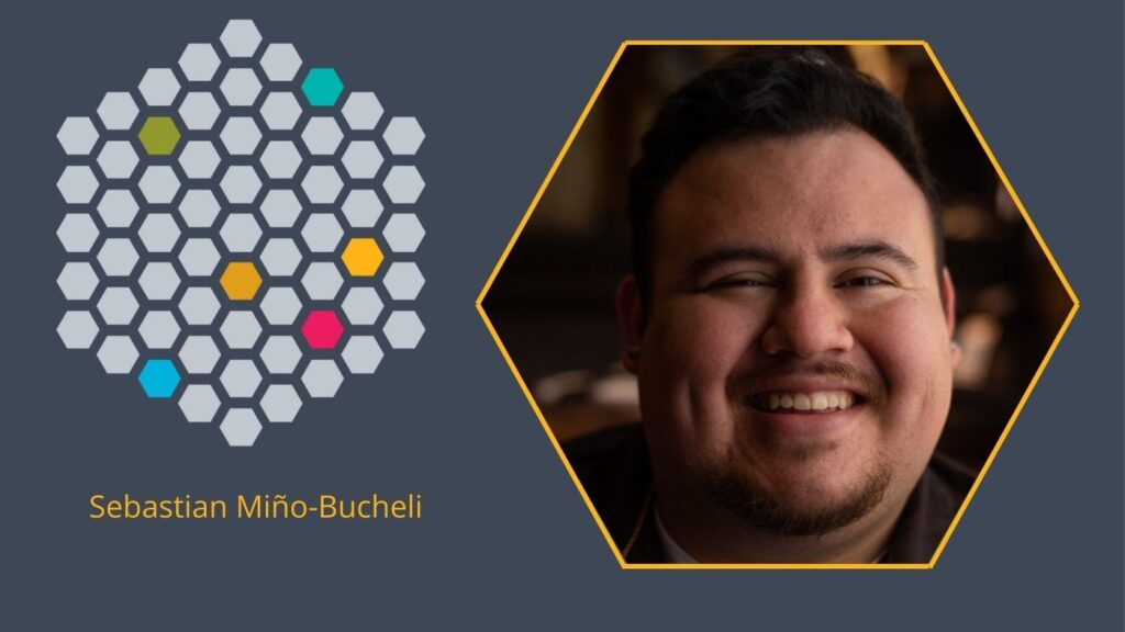 Graphic with image of Fellow Sebastian Mino-Bucheli on grey background and gold hexagon